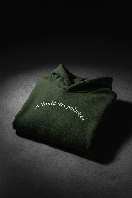 Less Polarized Hoodie — olive heavyweight fleece with serif statement print