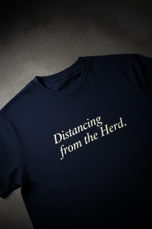 Distancing Tee — navy heavyweight cotton with serif statement print