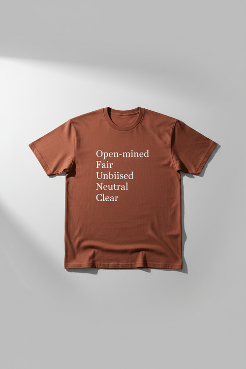The Manifesto Tee — rust heavyweight cotton with five virtues printed vertically